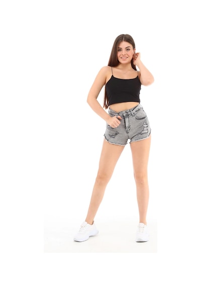Cedy Denim Kadın Yüksek Bel Yırtlıklı Ve Yıpratmalı Paçası Püsküllü Kot Şort Mini Jean Şort C603 GRİ