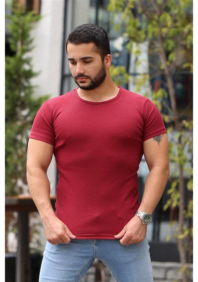 Madmext Madmext Bisiklet Yaka Bordo Basic Tişört 4077-bordo Bordo