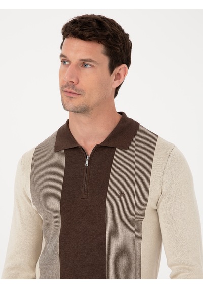Cacharel Kahverengi Slim Fit Pamuk Karışımlı Fermuarlı Polo Yaka Triko Kazak