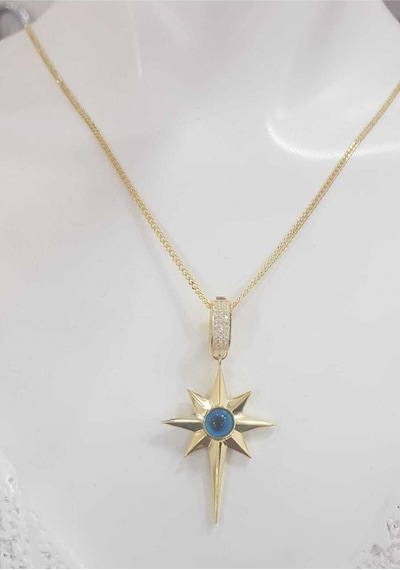 Kuzey Yıldızı Göz Boncuk Detay Altın Tasarım 925 Gümüş Kolye Çağla Kolye Serenay Choker Chain