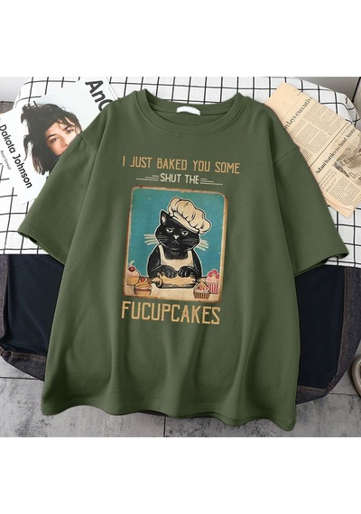 Flood Of Style Bol Kesim Haki Yeşil Fucupcakes Baskılı Kadın Tişörtü