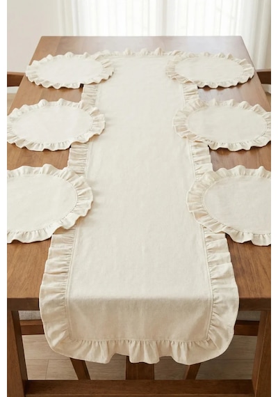 Morlay 7 Parça Fırfırlı Sofra Sunum Seti 6 Adet Amerikan Servisi Supla + 1 Adet Fırfırlı Runner - 40x110 Cm Beyaz
