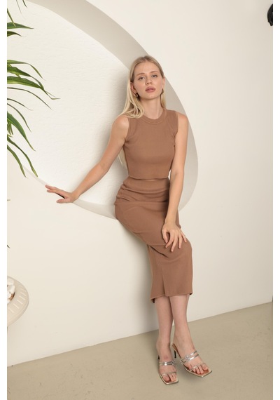 Chıcnhappy Triko Kumaş Croplu Etek Kadın Takım Camel - %100 Polyester Camel