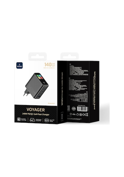 Wiwu Wi-g028 Voyager Serisi Gan Teknolojili Pd/qc Tft Göstergeli Hızlı Şarj Başlığı 140w Siyah