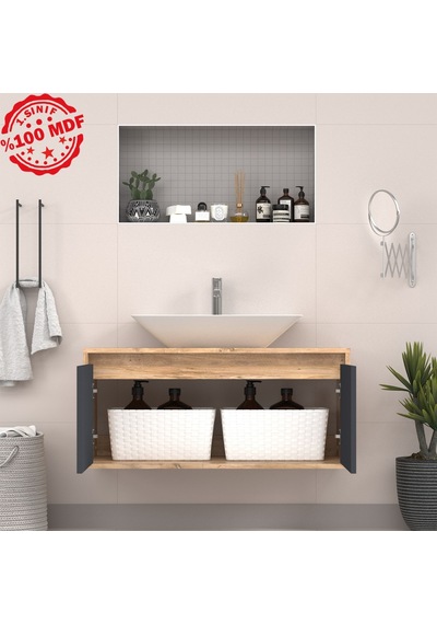 Banos Roomart 2 Kapaklı Lavabolu Ahşap-Antrasit Mdf 100 Cm Banyo Antrasit