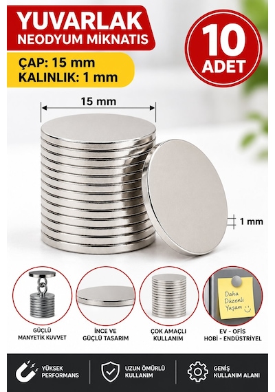 10 Adet 15x1 Mm Yuvarlak Neodyum Mıknatıs Güçlü İnce Magnet