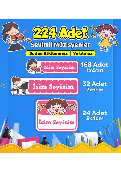 Sevimli Müzisyen Temalı Okul Kreş Kişiye Özel İsim Etiket Seti - Model 504 Çok Renkli