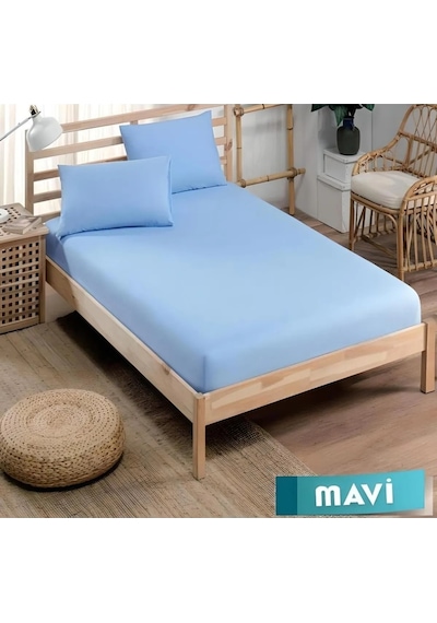Pamuklu Ranforce Kumaş Lastikli Fitted Yastıklı Çarşaf Seti Battal Boy Mavi