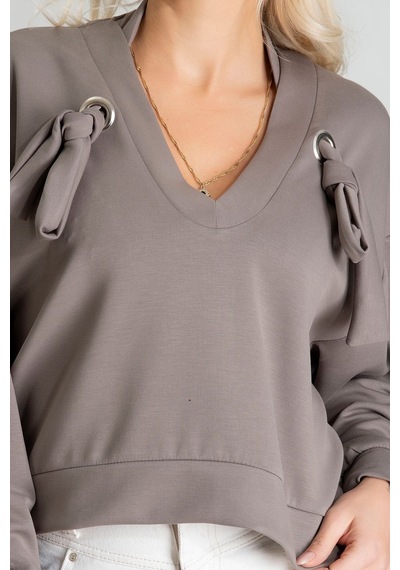 Kadın Modal Cupra Kumaş Kuşgözü Kordonlu Sweatshirt Gri