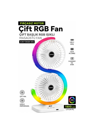 Exenar - Beyaz - Şarjlı Vantilatör Masaüstü Fırçasız Motor Çift Başlıklı Fan 5 Kademe Rgb Led Işıklı Vantilatör 1800 Mah Şarjlı