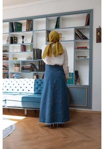 2290-denim Parçalı Etek Koyu Mavi Koyu Mavi