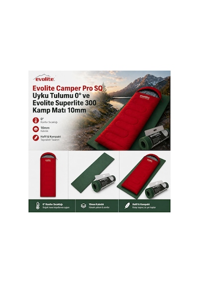 Pro Sq 0 C Dikdörtgen Uyku Tulumu + Superlite 300 10mm Kamp Matı Seti Kırmızı