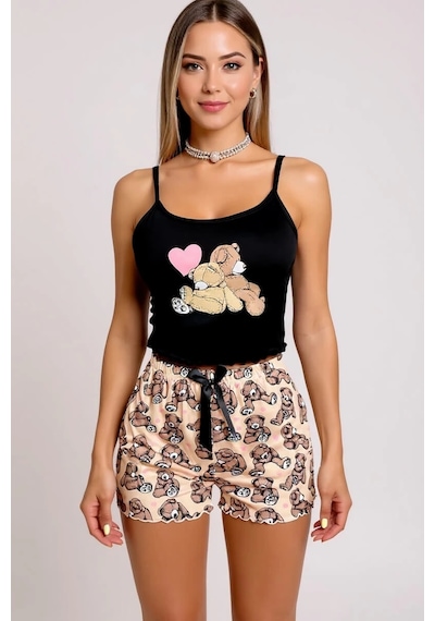 Leyna Renkli Ayıcık Desenli Askılı Şortlu Kadın Pijama Takımı