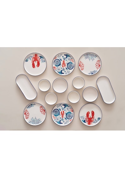 Kevin Seramik Hand Made 14 Parça 6 Kişilik Mercan Kahvaltı Takımı Beyaz - Kırmızı