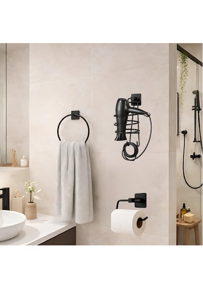 Yapışkanlı Banyo Aksesuar Seti,yuvarlak Havluluk,fön Makinesi Askısı,tuvalet Kağıdı Tutucu, Delme Gerektirmez,v Diğer