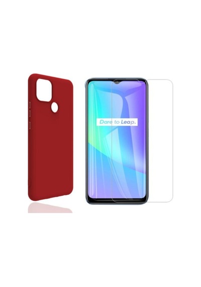 Oppo Realme C25 Yumuşak Soft Silikon Telefon Kılıfı Ve Temperli Cam Ekran Koruyucu Seti Col179608-kırmızı