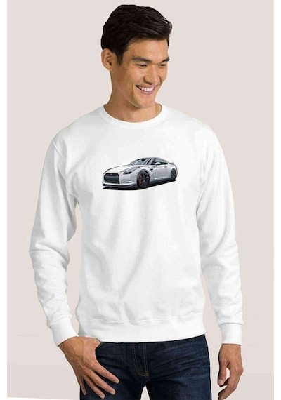 Nissan Gt R Ön Baskılı Beyaz Erkek Örme Sweatshirt