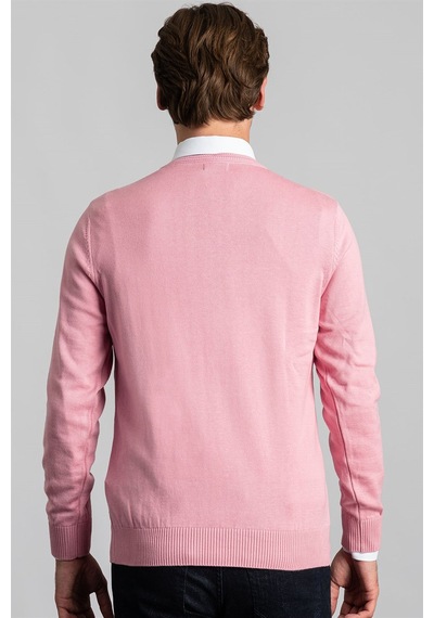 Tudors Slim Fit Dar Kesim V Yaka Pamuklu Erkek Kazak-22228 Pembe