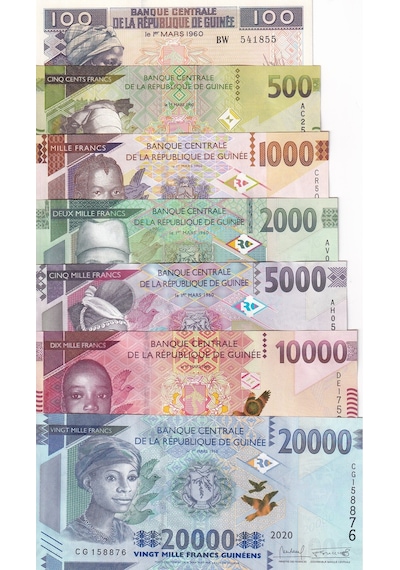 Gine 100-500-1.000-2.000-5.000-10.000-20.000 Francs 2020, 7 Li Set,çil,eski Yabancı Kağıt