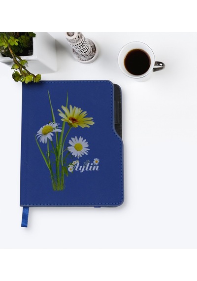 Kişiye Özel Papatya Temalı Lacivert Termo Deri Defter-11