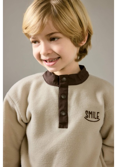 Defacto Erkek Bebek Baskılı Düğmeli Polar Sweatshirt G1124a525wnbg788 Bej-bg788