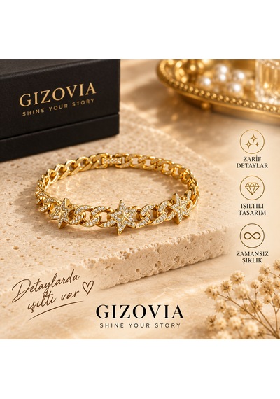 Gold Renk Deniz Yıldızı Figürlü Taşlı Zincir Bileklik Altın