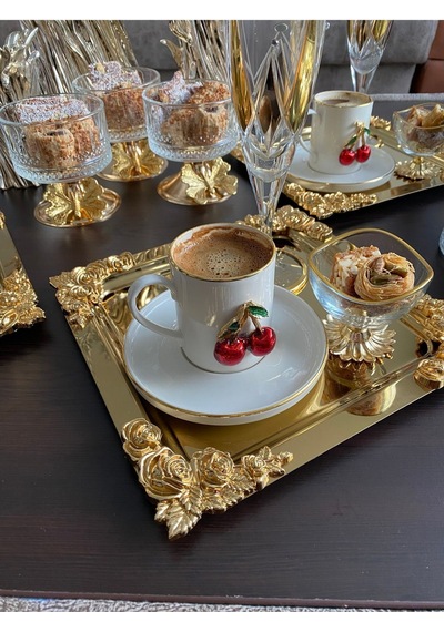 Atabey Home Collection 6'lı Kahve & Çay & Sunum Tepsisi Metal Döküm Gold Tepsi Gül Model