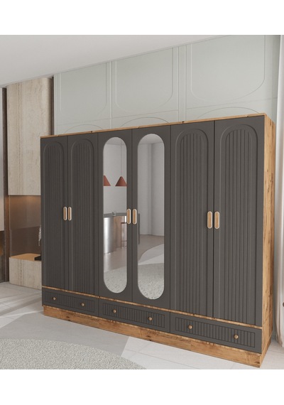 Mila 6 Kapaklı Çekmeceli Bazalı Gardırop - Tamamı Mdf Antrasit Mila 6 Kapaklı Çekmeceli Bazalı Gardırop - Tamamı Mdf Antrasit