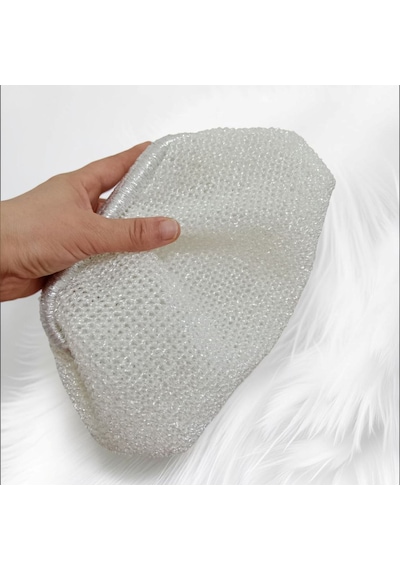 Embahandmde El Yapımı Beyaz Metalik Örgü Clutch Çanta Gelin Çantası Abiye Davet Çantası