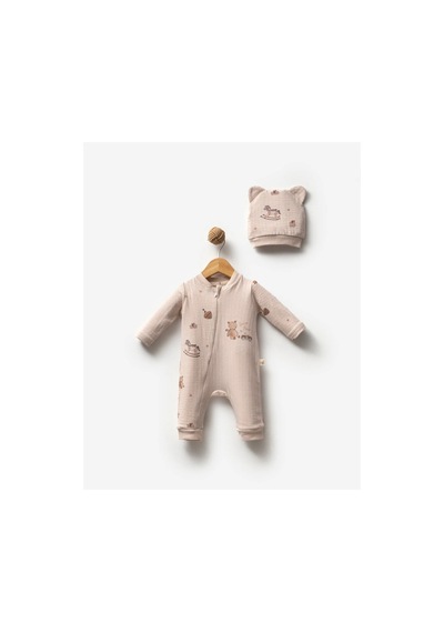 Bubbless Racer Bear Erkek Bebek Fermuarlı Tulum Bej