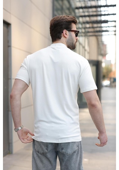 Madmext Ekru Bisiklet Yaka Basic Erkek T-shirt E7113