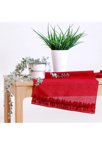 Simli Keten Runner Kırmızı Fırfırlı 45x150 Açık Bej