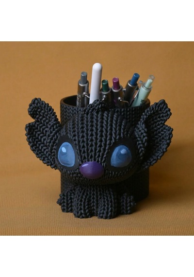 3d Baskı Knitted Kalemlik - Sevimli Karakterli Masaüstü Kalem Organizeri-siyah Çok Renkli