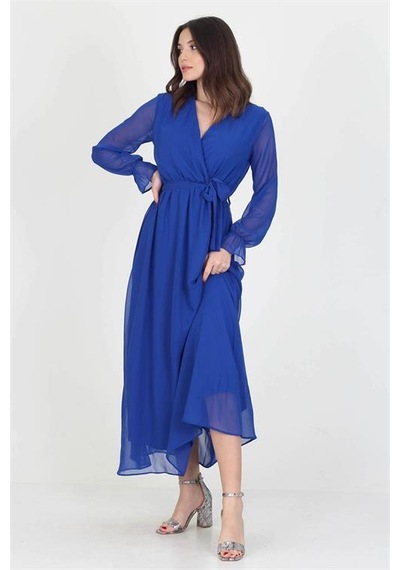 Neşeli Butik Kadın Yeni Sezon Astarlı Kruvaze Yaka Uzun Şifon Elbise Nb003 Saks