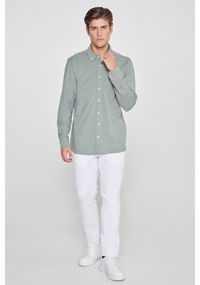 AC&Co / Altınyıldız Classics Erkek Hakı Pamuklu Tailored Slim Fit Dar Kesim Düğmeli Yaka Örme Gömlek Haki
