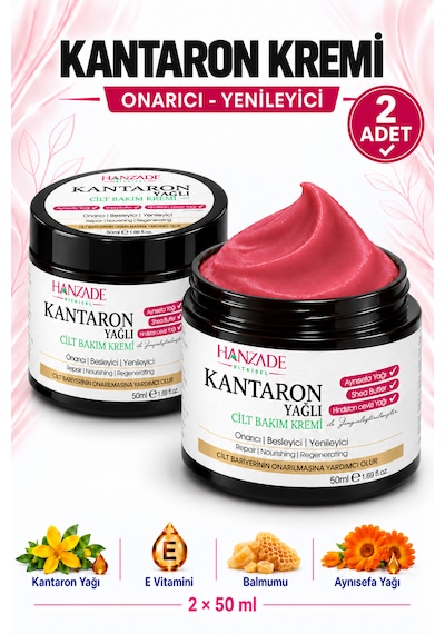 Hanzade Bitkisel Kantaron Yağlı Krem 50 Ml X 2 Adet Nemlendirici Yüz, El Ve Vücut Bakım Kremi, E Vitaminli