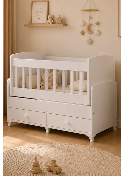 Beşik, Elegant Çekmeceli Sallanan Beşik 60x120- Beyaz Çok Renkli