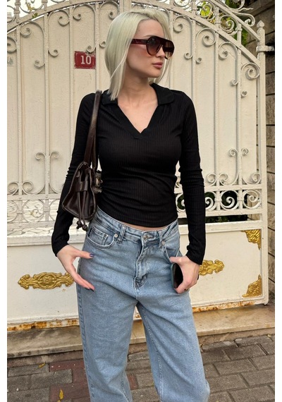 Madmext Siyah Polo Yaka Fitilli Kadın Body Mg2566 Siyah