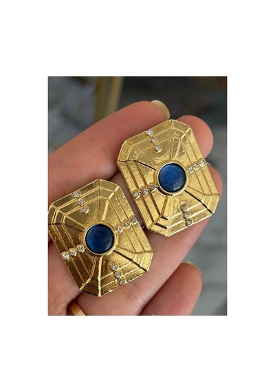 Vintage Kare Model Gold Çerçeveli Lacivert Taş Detaylı Küpe Altın
