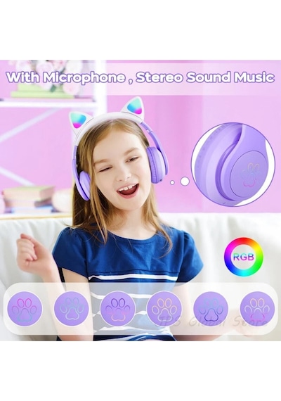 Çocuk Bluetooth Kulaklık Kedi Kulaklık Pro 5.0 Akıllı Rgb Led Detaylı Bluetooth Kablosuz