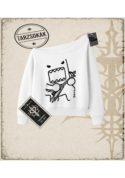 Tarzsokak Gotik & Grunge Streetwear Domo Kun Guitarist Y2k Kayık Yaka Sweatshirt Beyaz