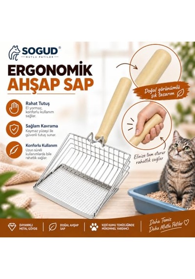 Sogud Metal Kedi Kumu Elek Kürek - Ahşap Saplı Paslanmaz Kedi Kumu Küreği - İnce Tel Elek Yapılı Hijyenik Kedi Tuvalet Temizleme Küreği - Dayanıklı Ve Pratik - 26 Cm
