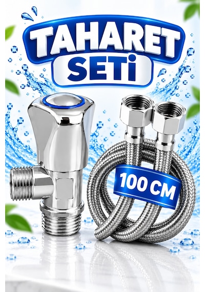 2'li Set Krom Taharet Ara Musluğu Ve 100 Cm Paslanmaz Çelik Flex Hortum 3/8' X 3/8'
