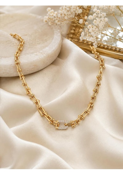 Gold Zincir Tek Halka Zirkon Taşlı Çelik Kolye Altın