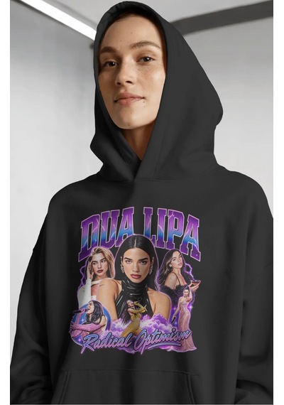 Sevbano Dua Lipa Şarkıcı Ön Baskılı Unisex Oversize Premium Hoodie Siyah
