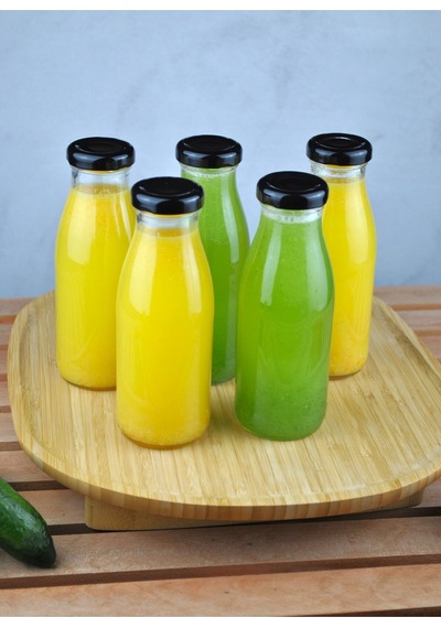 5 Adet Cam Şişe Meyve Suyu Ayran Detoks Şişesi 250 Ml Siyah Metal Kapaklı Şişe
