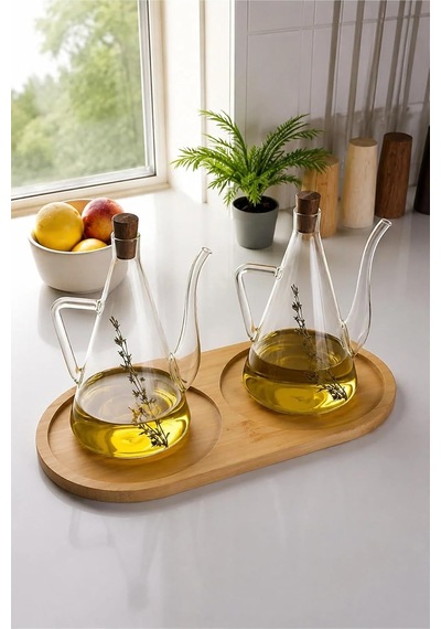 Oilsy Borosilikat Cam Akasya Kapaklı Yağlık/yağdanlık Isıya Dayanıklı Cam Yağ Şişesi 500 Ml 2'li-bambu Yağdanlık Altlığı Hediyeli Çok Renkli