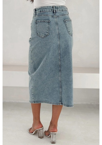 Asprin Fashion Paralel Taşlı Yırtmaçlı Denim Etek Mavi Mavi