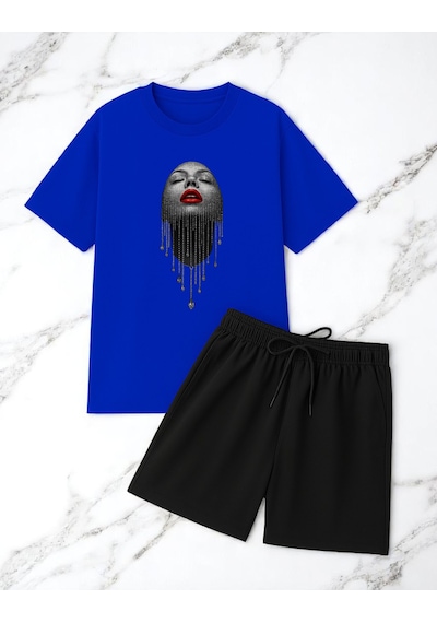 Uyguntarz Unisex Pırlantalı Kadın Portresi Tasarım Basklı Tshirt Şort Takımı Mavi