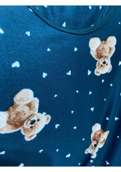Rukod Kadın Uzun Kollu Ayıcık Desenli Bisiklet Yaka Süet Pijama Takımı Haki
